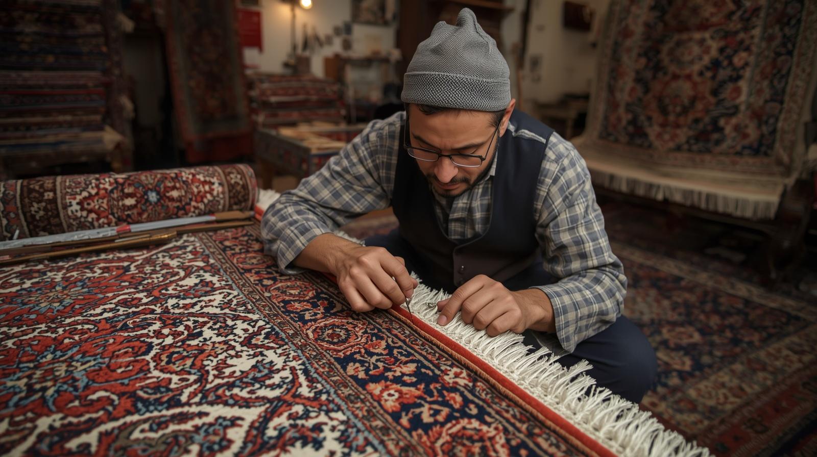 Experto restaurando flecos de alfombra persa